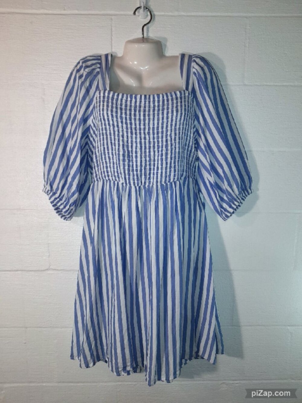 Ava & Viv Smocked Puff Sleeve Dress Blue White Stripe Women's Plus Size 1X